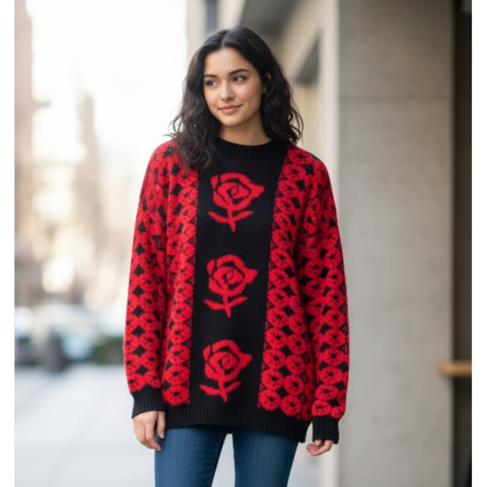 Vintage Rosanna Sweater Womens Large Red Black Floral Ribbed Trim Cozy Warm Wear